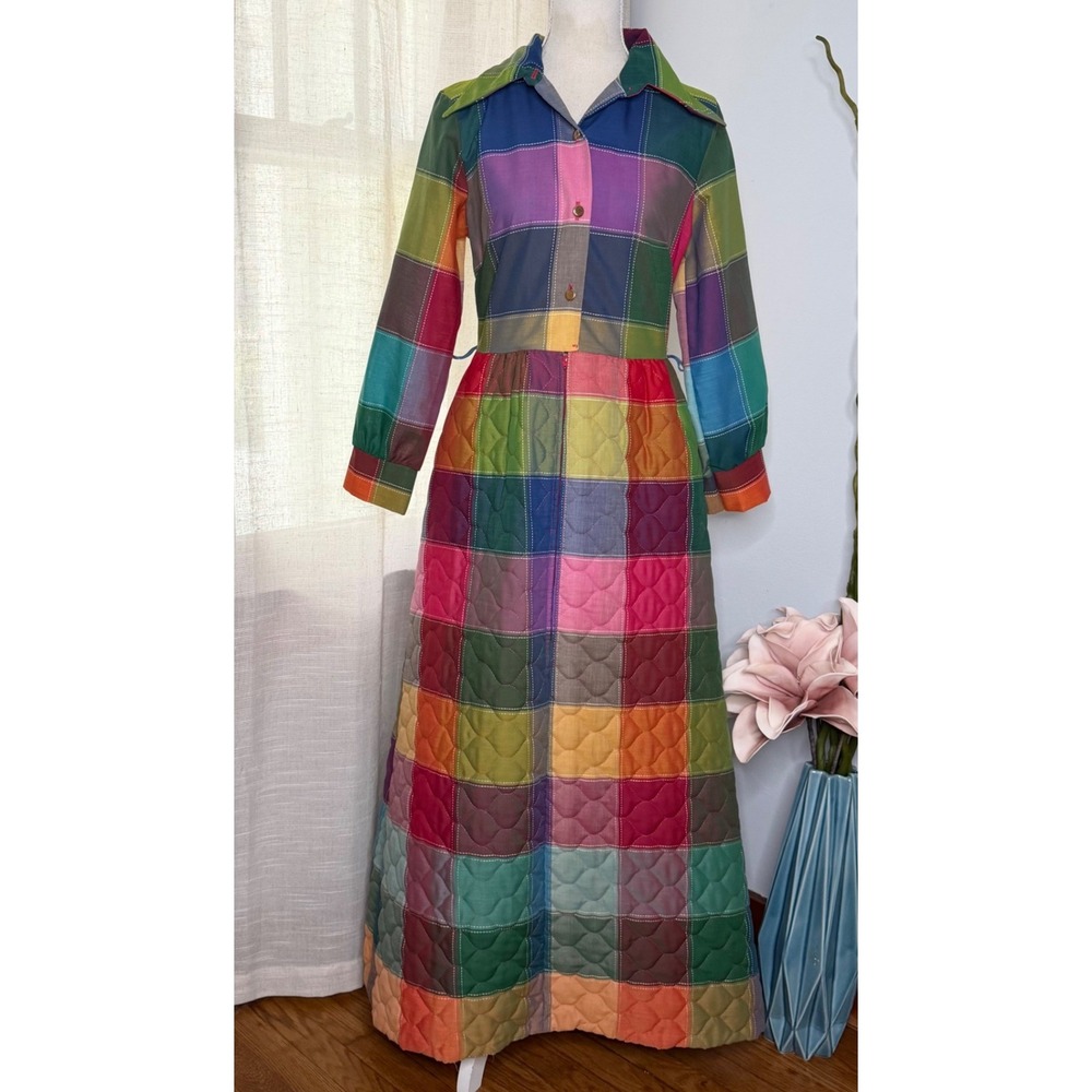 60s/70s Vintage Penneys‎ Loungewear Quilted Rainbow Patchwork Maxi Dress Robe S